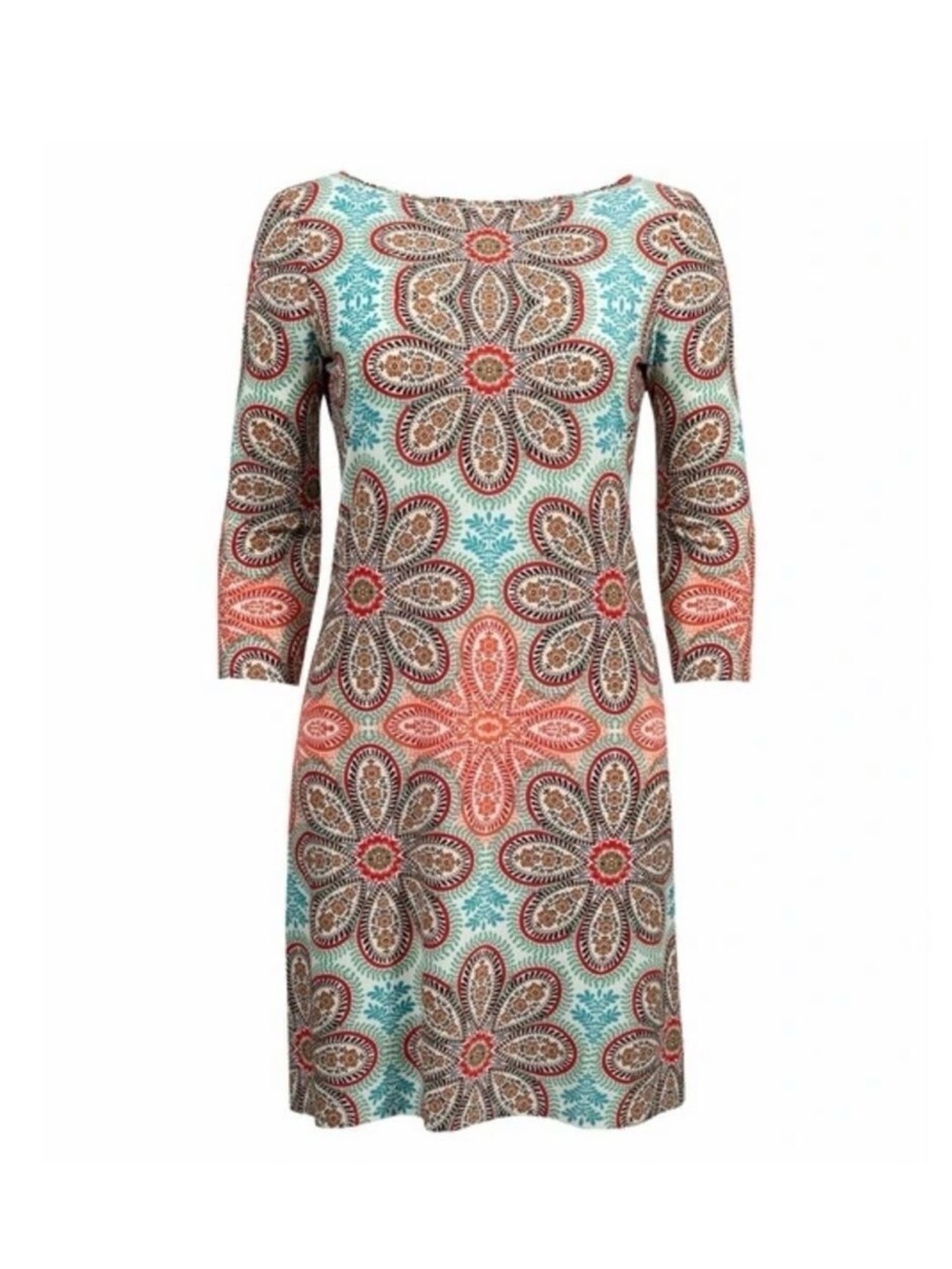 London Style Floral Medallion Shift Dress in Coral & Aqua